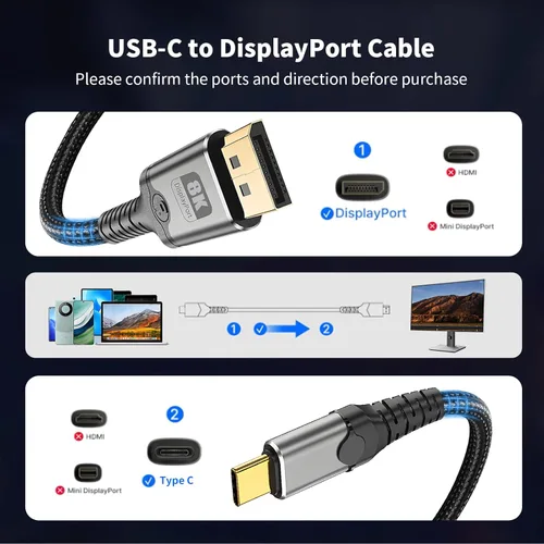 Miniatura 6 de MaxRenard Cable USB C a DisplayPort de 3.3 pies, 8K a 60 Hz y resoluciones de 4K/2K a 240Hz, DisplayPort dual 1.4 a USB C compatible con cable