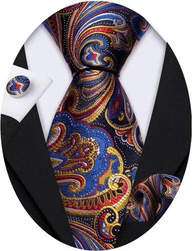Miniatura 178 de Barry.Wang - Juego de corbata de seda para hombre, diseño de cachemira, pañuelo y gemelos de bolsillo