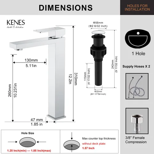 Miniatura 6 de KENES Grifo de lavabo de baño de una sola manija cromada, grifo de lavabo de baño alto con líneas de suministro de agua y desagüe de fregadero Cromo