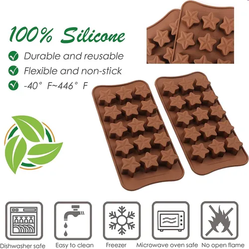 Miniatura 6 de 2 moldes de silicona con forma de estrella – Moldes antiadherentes para chocolate y dulces de 15 cavidades para postres, gelatina, cubitos de hielo