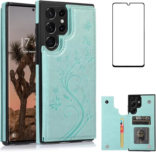 Miniatura 13 de Asuwish Funda para Samsung Galaxy S22 Ultra con protector de pantalla de vidrio templado, funda de cuero con soporte para tarjetas, doble cierre