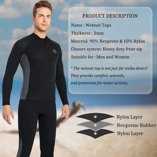 Miniatura 5 de Traje de neopreno superior de 0.079 pulgadas, chaqueta de neopreno para hombres y mujeres, cremallera frontal, manga larga, traje de buceo