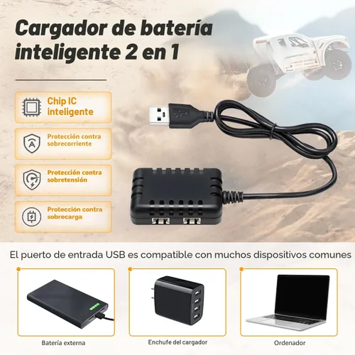 Miniatura 5 de Batería SCX24 7.4V 1200mAh Lipo Batería 2S 35C (Burst 70C) con PH2.0 JST Plug con 1TO2 Cargador USB apto para SCX24 RC Car WLtoys A949 A959 A969