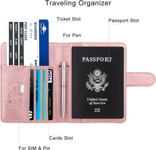 Miniatura 4 de WALNEW Funda para pasaporte, funda para pasaporte, tarjeta, cartera, E-oro rosa, Estilo E