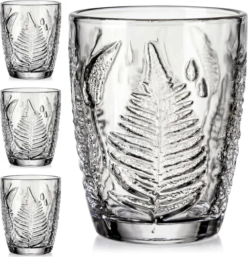 Juego de 4 vasos vintage de vidrio transparente prensado a mano de 10 onzas, cristalería retro en relieve de helecho, vasos texturizados para agua,