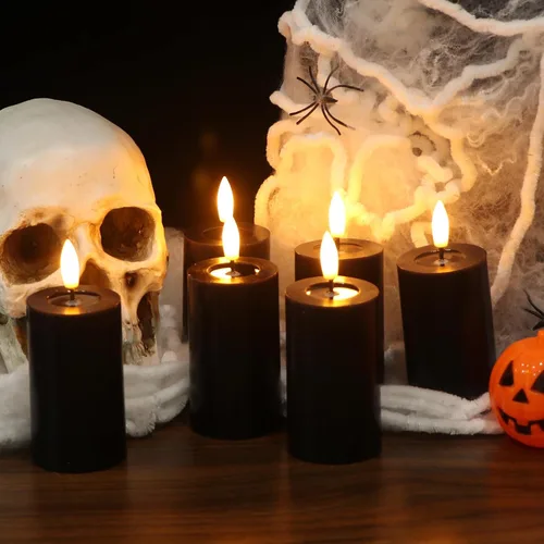 Miniatura 7 de Decoraciones de Halloween Velas de Superficie de Espejo con Control Remoto Temporizador, Funcionan con Baterías 6pcs Velas Votivas LED de Cera Real