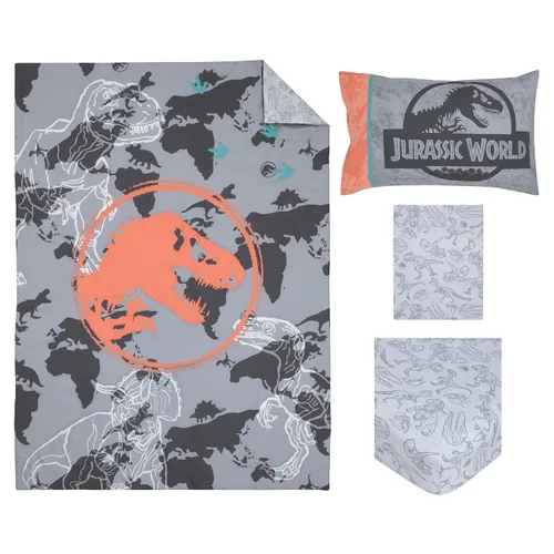 Miniatura 9 de NoJo Universal Jurassic World Into The Wild Grey - Juego de cama infantil de 4 piezas, color gris, blanco, naranja y aguamarina T. Rex - edredón