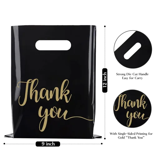 Miniatura 3 de Paquete de 100 Bolsas de Compras Negras de Agradecimiento para Pequeñas Empresas - 9"x12" Extra Gruesas 2.36 Mil Bolsas de Agradecimiento de Negro