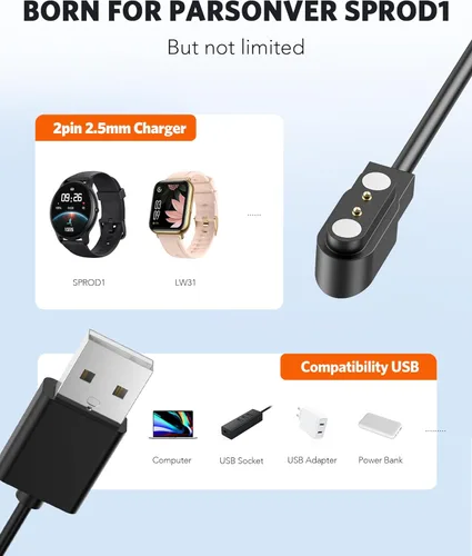 Miniatura 6 de Parsonver Paquete de 2 cargadores de reloj inteligente para SPROD1, cable de carga USB magnético para relojes inteligentes con cable de 2 pines