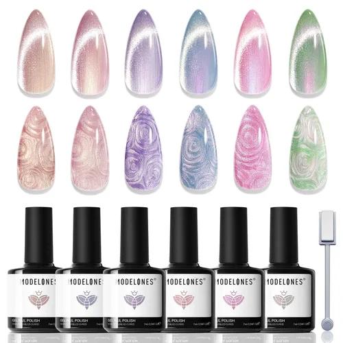 Miniatura 20 de modelones - Juego de 6 esmaltes en gel con efecto de ojo de gato cristalino, holográfico 9D, brillantina, negro, azul, morado, verde, con imán
