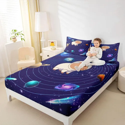 Miniatura 2 de Erosebridal Lindas sábanas de Capybara para niños y niñas, diseño de universo azul, con temática del espacio exterior, juego de cama de Capybara