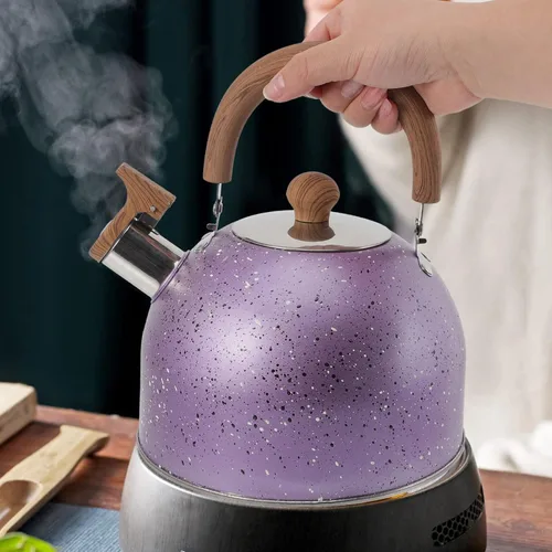 Miniatura 5 de Tetera de té silbante, hervidor de agua de acero inoxidable con mango de madera, cubierta de boquilla de bloqueo, camping para inducción de gas