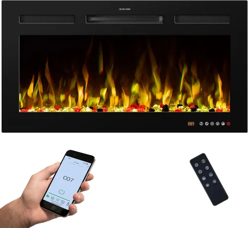 Inserto de chimenea eléctrica de 33 pulgadas empotrado y montado en la pared, pantalla grande delgada, llama de ciclo de 13 colores, aplicación y