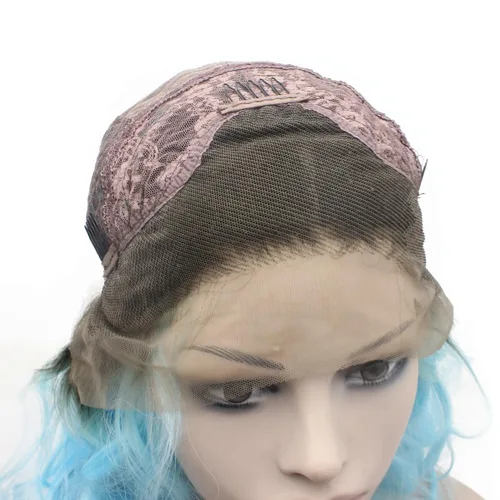 Miniatura 6 de Mxangel - Peluca de encaje sintético ondulado medio largo con raíces negras, color azul degradado