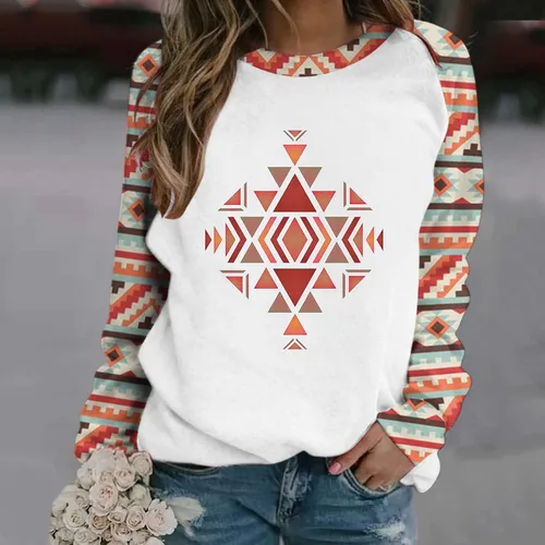 Miniatura 2 de Womens Fall Shirts Pullover Tops Casual Round Neck Aztec Printed Raglan Long Sleeve Sweatshirt Loose Graphic Tees