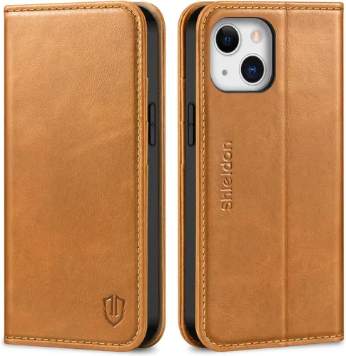 SHIELDON Funda para iPhone 13 Mini 5G, cartera de piel auténtica, cierre magnético, ranuras para tarjetas, función atril, protección completa, Marrón