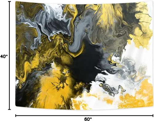 Miniatura 3 de Bzhilja Tapiz de mármol, arte abstracto de pared negro y dorado, tapiz vintage blanco, gris, amarillo, tapiz para colgar en la pared, psicodélico