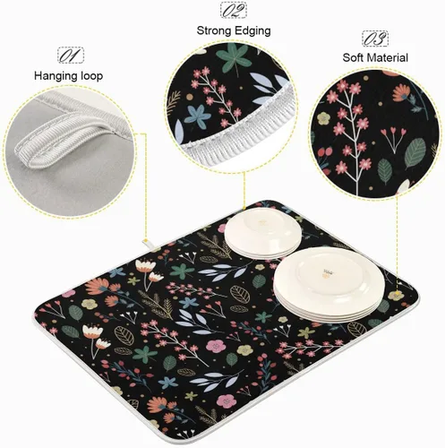 Miniatura 4 de Tapete de secado de platos de flores de fondo negro para encimera de cocina de 18 x 24 pulgadas, tapete de microfibra absorbente, tapete de secado