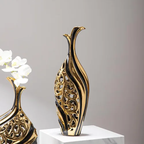 Miniatura 4 de LCCCK Jarrón moderno de cerámica, 19.6 pulgadas de alto, oro negro, ideal para hierba de las pampas y arreglos florales individuales, jarrón