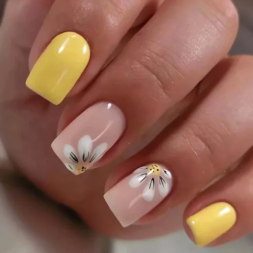 Miniatura 7 de RikView Uñas francesas con punta francesa, uñas cuadradas a presión con diseño de mariposa, acabado brillante, 24