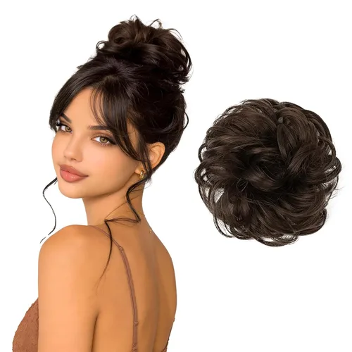 BARSDAR Extensión de moño 100% humano – Cabello humano real, color marrón oscuro, moño desordenado para mujer, extensiones elásticas onduladas