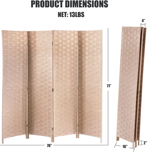 Miniatura 7 de Divisor de habitación, 4 paneles plegables de privacidad de 6 pies, divisor de habitación, malla de madera, diseño tejido a mano, partición Natural