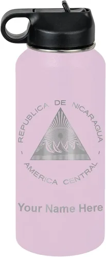 Miniatura 25 de LaserGram Botella de agua personalizada, bandera de Nicaragua, acero inoxidable de doble pared aislada al vacío con popote superior, regalo grabado