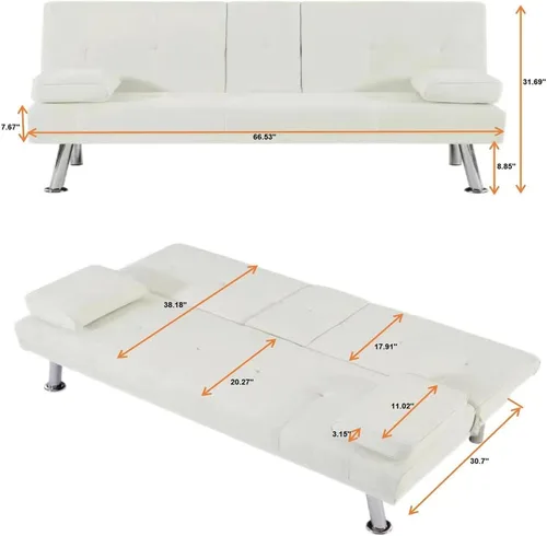 Miniatura 2 de Sofá cama tipo futón moderno de 66.5 pulgadas con patas de metal/2 portavasos, sofá biplaza tapizado plegable convertible, asiento de espuma