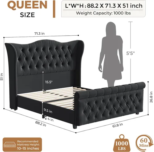 Miniatura 7 de koorlian Base de cama Queen, cama tapizada en terciopelo con cabecero y estribo con alas de voluta, cama moderna de lujo y suave con botones, fácil