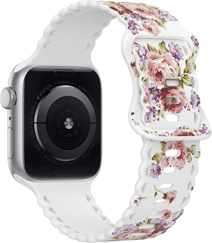 Miniatura 2 de Compatible con Apple Watch Banda de 41mm 40mm 38mm 49mm 45mm 44mm 42mm para Mujeres, Detalles de Rosa Floral Impresos en Encaje Hueco de Silicona