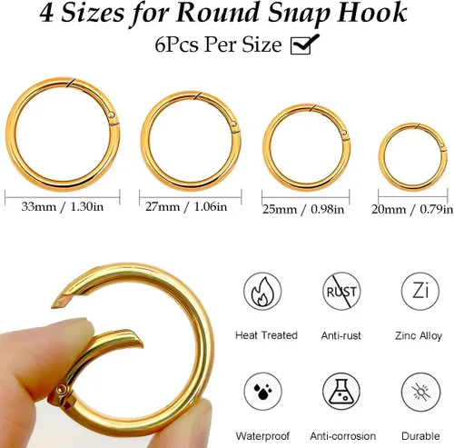 Miniatura 4 de Juego de 24 anillos de resorte, mosquetón circular con clip en 4 tamaños, mosquetón redondo de aleación de zinc, hebilla de gatillo a presión