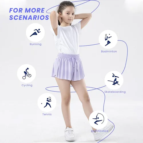 Miniatura 6 de Paquete de 3 pantalones cortos fluidos para niñas con bolsillos, 2 en 1, faldas de mariposa fluidas para jóvenes, pantalones cortos para correr