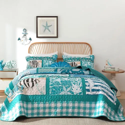 Miniatura 10 de DJY Beach Quilt Set Queen Size,3 Piece Coastal Ocean Summer Bedspread Coverlet Set with 2 Pillow Cases Lightweight Soft Microfiber Nautical Bedding