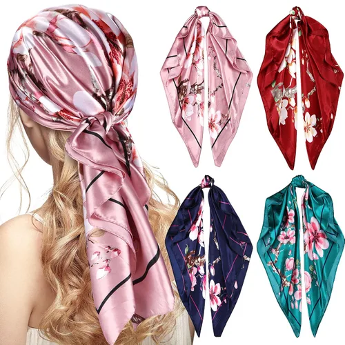 Honoson 4 pañuelos de satén de 35 pulgadas para la cabeza grandes, cuadrados, sedosos, de satén, bohemios, para mujeres y niñas, Varios colores