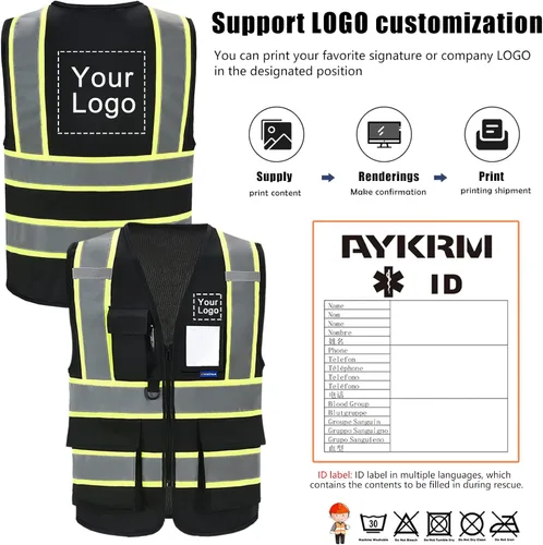 Miniatura 2 de AYKRM 11 color alta visibilidad reflectante chaleco de seguridad para mujeres hombres bolsillo cremallera ANSI/ISEA estándar Negro