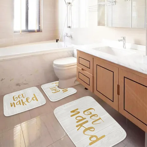 Miniatura 4 de Gold Get Naked - Juego de alfombras y tapetes de baño de tela dorada y blanca, 3 piezas de espuma viscoelástica, tapete de baño de terciopelo