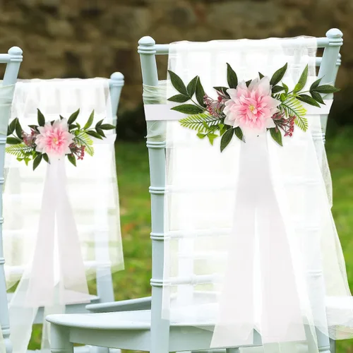 Miniatura 2 de Juego de 6 decoraciones para sillas de pasillo de boda, flores artificiales con cintas, sillas, respaldo de banco, arreglo floral para decoración