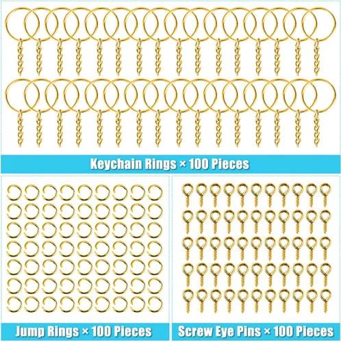 Miniatura 3 de PAXCOO - Kit de anillos para manualidades dorados, incluye 100 llaveros divididos con cadena, 100 anillos de salto y 100 pines de ojo de tornillo