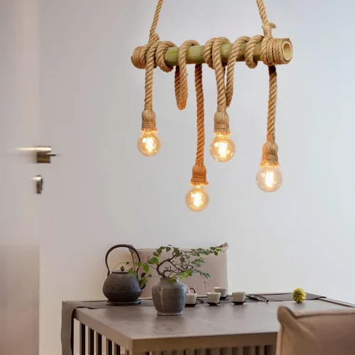 Arturesthome Lámpara colgante de techo de cuerda de cáñamo de 4 cabezales, decoración de candelabros de bambú vintage, lámpara colgante industrial