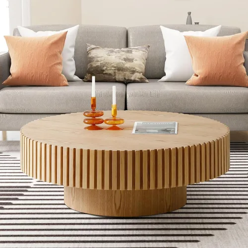 Miniatura 7 de KEVINSPACE Mesa de centro redonda de 35.43 pulgadas para sala de estar, pedestal de madera redonda, mesa de centro para sala, mesa de centro