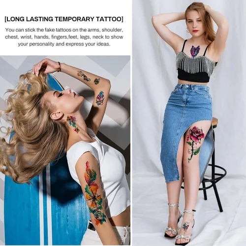 Miniatura 2 de Aresvns Tatuaje temporal de acuarela 3D para barbacoa, piscina, fiesta en la playa, 14 hojas de rosas, flores, mariposas, leones, tatuajes falsos