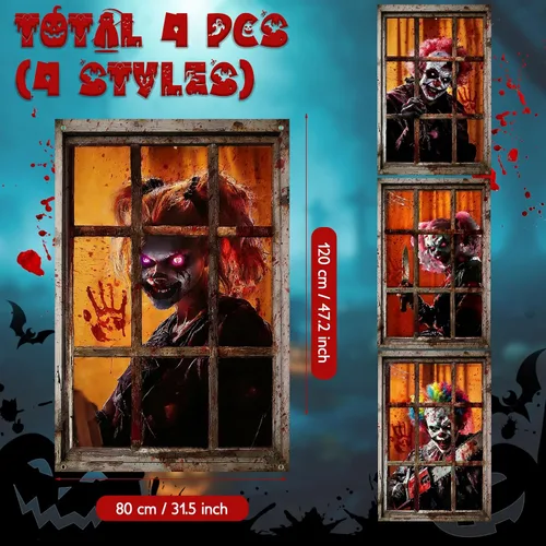 Miniatura 4 de SmoothNovelty 4 Pack Halloween Window Decorations Halloween Clown Curtain Scary Window Silhouettes Cover, Horror Clown with Blood for Garage Door