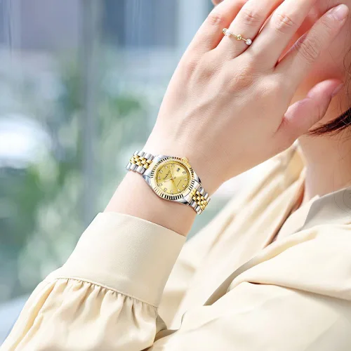 Miniatura 2 de Reloj clásico para mujer con banda de acero inoxidable sólido, reloj de vestir para mujer, reloj con calendario