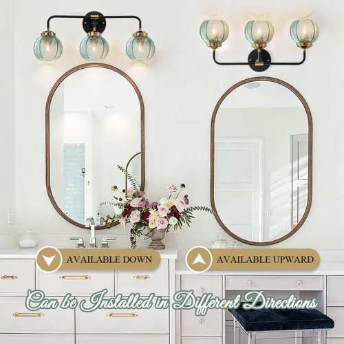Miniatura 5 de Lámpara de tocador de baño de 3 luces, luz negra de montaje en pared con pantalla de vidrio verde, aplique de pared de mediados de siglo, lámpara