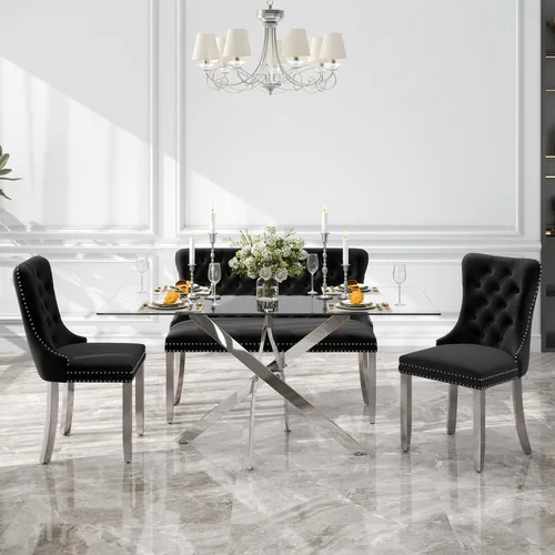 Miniatura 64 de Juego de comedor de 3 piezas con superficie de vidrio transparente, juego de comedor cuadrado minimalista moderno de 36'', juego de mesa de cocina
