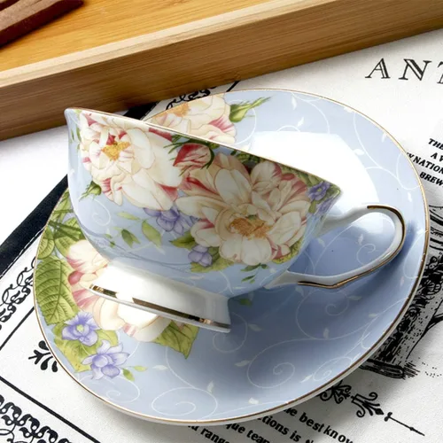 Miniatura 2 de Taza de té azul, juego de taza de té floral y platillo, juego de té de porcelana de hueso, taza de café, juego de té