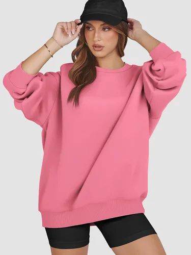 Miniatura 5 de ATHMILE Sudadera de gran tamaño para mujer, cuello redondo, forro polar, manga larga, sudaderas con capucha, tops de otoño, ropa de moda 2024