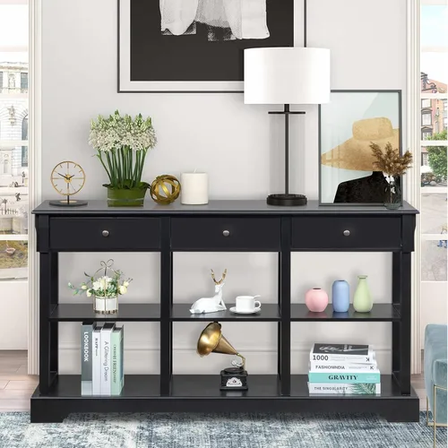 Miniatura 6 de Karl home Mesa consola con 3 cajones, escritorio de entrada de 58 pulgadas de ancho, mesa auxiliar con 6 estantes inferiores de almacenamiento, Negro