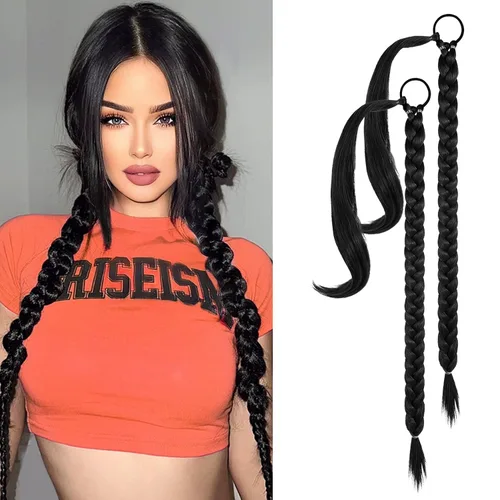 Miniatura 7 de YOGFIT 2 piezas Extensión de cola de caballo trenzada DIY, extensión de cola de caballo larga y lacia con envoltura natural, cabello sintético suave