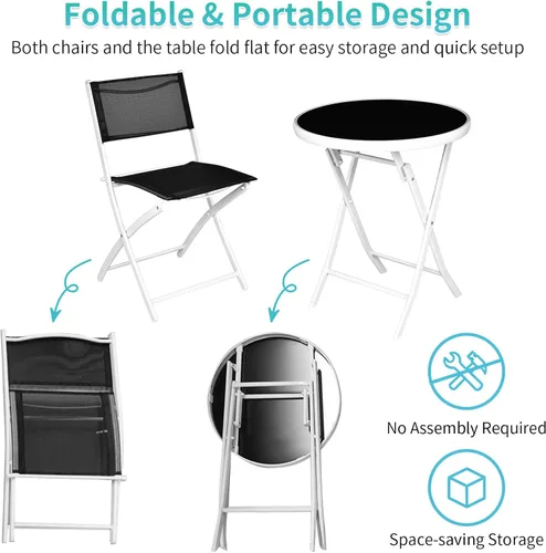 Miniatura 4 de HAPPYGRILL Juego de 3 piezas de bistró plegable para patio, juego de silla y mesa plegable al aire libre con tela transpirable, mesa de vidrio Negro